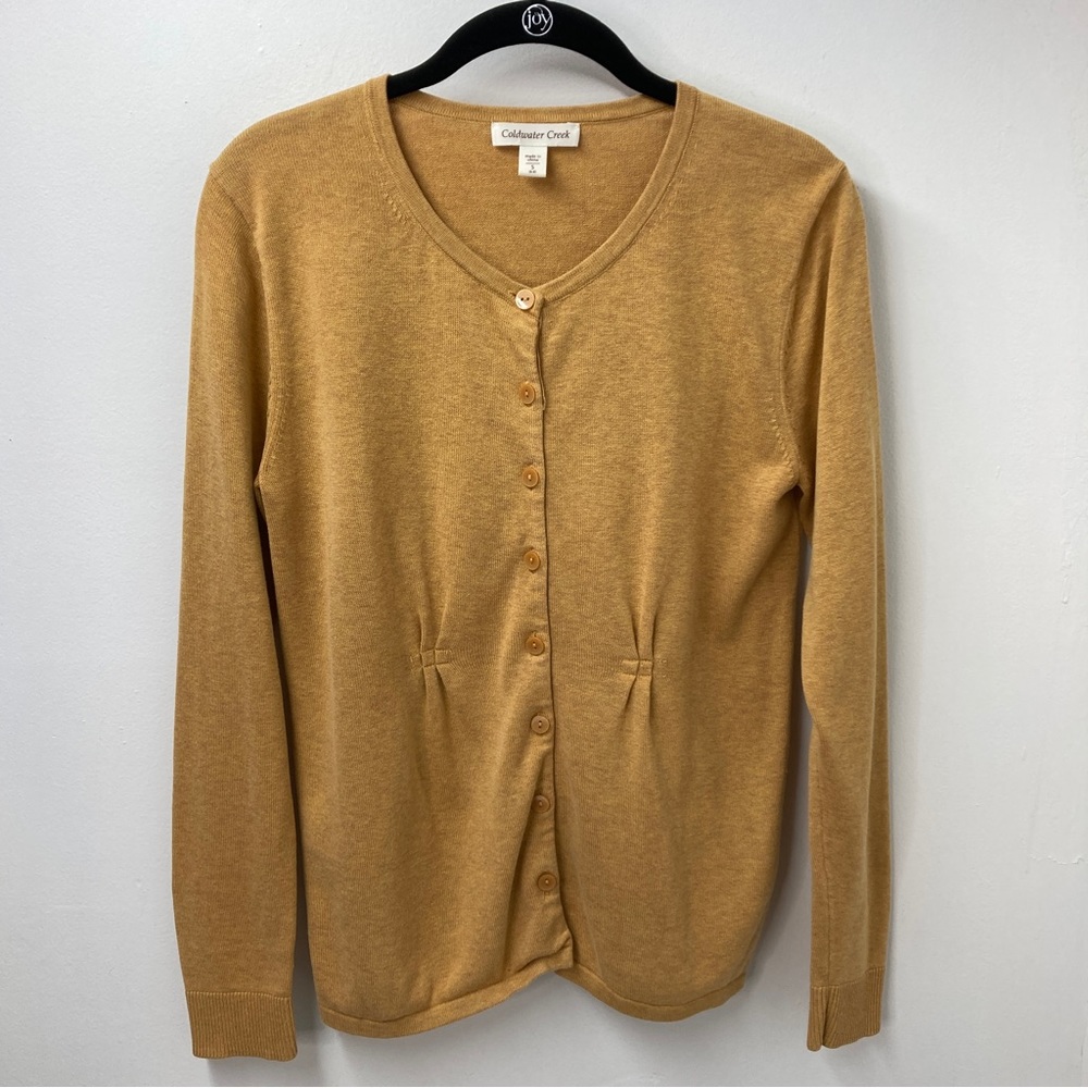 Coldwater Creek Silk Cotton Pleated Mustard Yellow Button Front Cardigan…